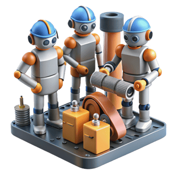 elegant abstract A group of robots collaborating on a complex engineering project, industrial setting, realistic lighting genuine png