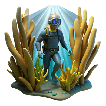 dramatic artistic A diver exploring a kelp forest, sunbeams piercing through the water, realistic, underwater photography style high resolution png