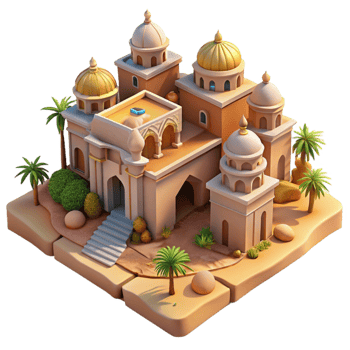 serene artistic Desert oasis city, sandstone architecture, intricate carvings, midday sun lighting, middle eastern style high resolution png
