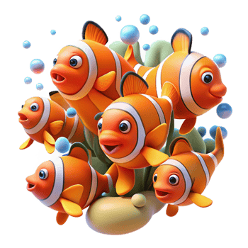 dramatic creative A school of vibrant clownfish darting through a coral reef teeming with life, dappled sunlight filtering through the water, Pixar style original png