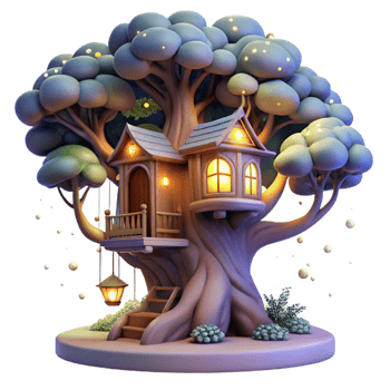 extraordinary traditional A magical treehouse nestled in the branches of a giant tree, glowing lights, fantasy art original png