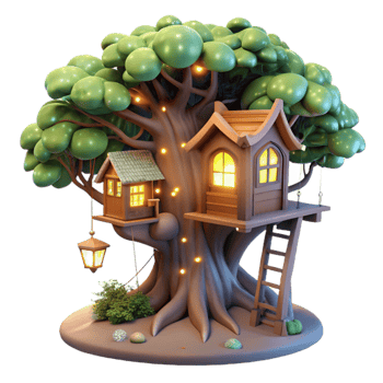 beautiful classic A magical treehouse nestled in the branches of a giant tree, glowing lights, fantasy art authentic png