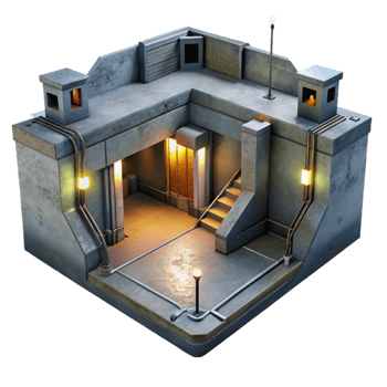 serene traditional Underground bunker, concrete walls, artificial lighting, claustrophobic atmosphere, dystopian style exclusive png