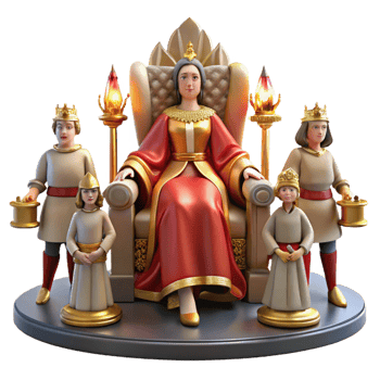wonderful creative A medieval queen sits on her throne, surrounded by courtiers, rich, opulent lighting, historical painting style genuine png