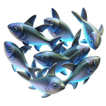 impressive contemporary A school of bioluminescent fish swimming in a synchronized pattern, mesmerizing, abstract style high quality png