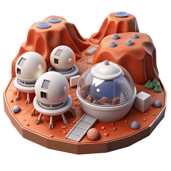 beautiful classic Mars colony, red dust landscape, futuristic habitats, rovers exploring the terrain detailed png
