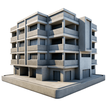 magnificent minimalist Brutalist concrete apartment complex, repetitive modular elements, harsh shadows, midday lighting, photorealistic style genuine png