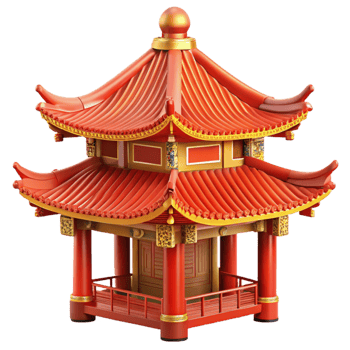 elegant creative Traditional Chinese pagoda, intricate roof details, red and gold accents, bright daylight, oriental style detailed png