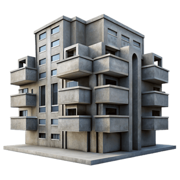 magnificent vintage Brutalism-style concrete apartment complex, overcast lighting, stark shadows, photorealistic rendering, worm's-eye view premium png