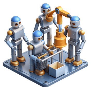 beautiful minimalist A group of robots collaborating on a complex engineering project, industrial setting, realistic lighting high resolution png