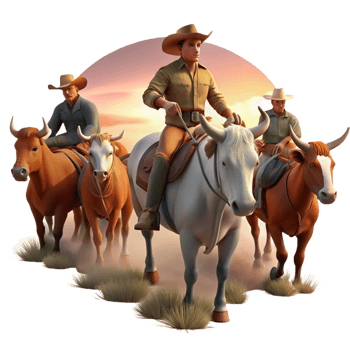 elegant minimalist A group of cowboys on horseback driving a herd of cattle across the plains, dusty, sunset lighting, Western painting style high quality png