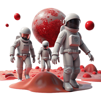 serene modern A group of space explorers in sleek, white spacesuits, exploring a desolate alien planet, red dust swirling around them, dramatic backlighting, cinematic style 4K png