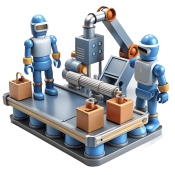 elegant vintage A group of robots working in a factory, industrial setting, realistic style detailed png