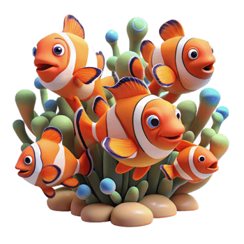 magnificent rustic A school of vibrant clownfish darting through a coral reef teeming with life, dappled sunlight filtering through the water, Pixar style professional png