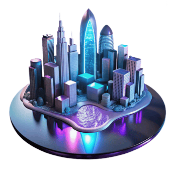 beautiful minimalist A futuristic cityscape reflected in a puddle, neon lights, cyberpunk style, rainy atmosphere premium png
