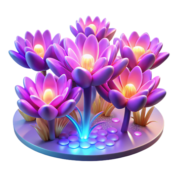 dramatic modern A field of fractal flowers, blooming in vibrant, neon colors, with a glowing, ethereal light original png