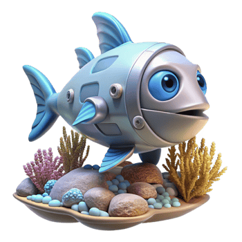 stunning traditional A robot fish swimming in a coral reef, lit by underwater sunlight in an ocean documentary style original png