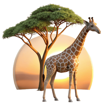 serene creative A graceful giraffe reaching for leaves on a tall acacia tree, its long neck silhouetted against the setting sun, in a serene, peaceful style detailed png