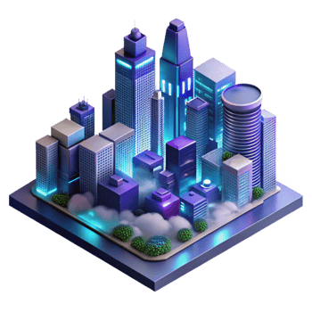 serene modern A futuristic cityscape at night, towering skyscrapers piercing the clouds, neon signs illuminating the rain-slicked streets below, cyberpunk style, isometric view exclusive png
