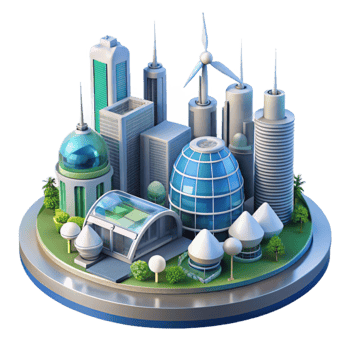 serene contemporary A futuristic city powered by renewable energy, sleek, sustainable design, architectural visualization style high quality png