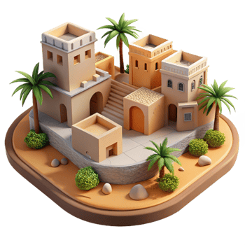elegant abstract Desert oasis city, adobe buildings, palm trees, intense sunlight, Middle Eastern architecture, photorealistic, premium png