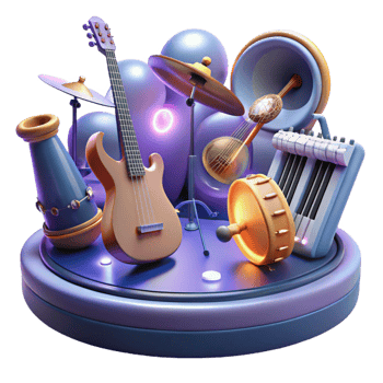 dramatic vintage A group of floating musical instruments playing themselves, illuminated by stage lighting. Surrealism style genuine png