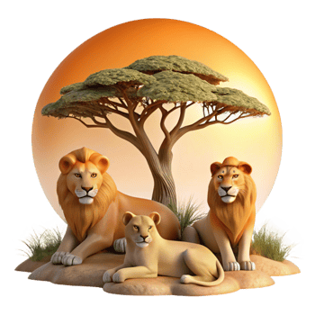 dramatic abstract A majestic lion pride resting in the shade of an acacia tree, under the warm African sun, in a regal, wildlife photography style premium png