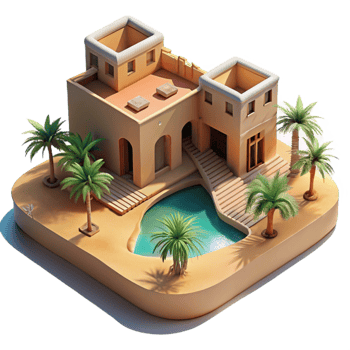 stunning abstract Desert oasis resort, low-slung adobe buildings, shimmering pool reflecting palm trees, intense desert sunlight, travel photography style premium png