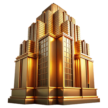 magnificent creative Art Deco skyscraper, intricate geometric facade, chrome accents, bathed in golden sunset light, highly polished surfaces high resolution png