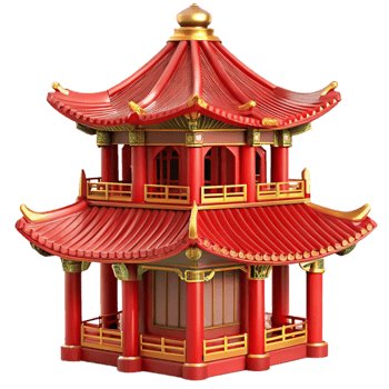 vibrant modern A traditional Chinese pagoda, intricate carvings, vibrant red and gold, ornate details, architectural rendering style high quality png