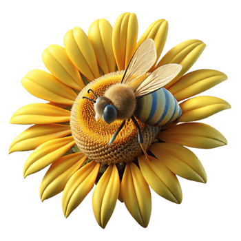 dramatic rustic A close-up of a bee collecting pollen from a sunflower, golden hour lighting, macro photography premium png
