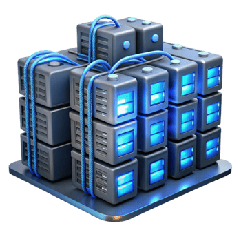 vibrant contemporary A server farm with rows of blinking servers and tangled cables, bathed in the cool, blue light of LEDs. Industrial, cyberpunk style exclusive png