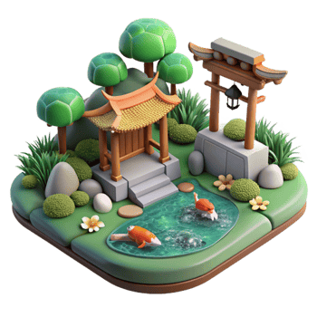elegant creative A serene Japanese garden with a koi pond, peaceful, tranquil, zen premium png