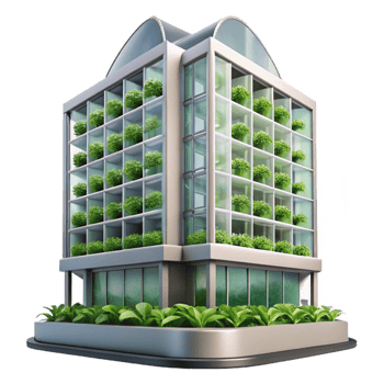 dramatic traditional Urban greenhouse skyscraper, vertical farm integrated into building facade, lush greenery, soft diffused sunlight, futuristic concept art premium png