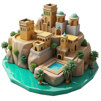 wonderful vintage Desert oasis city, sandstone buildings carved into cliffs, midday sun, turquoise pools, Moorish architectural influences high resolution png