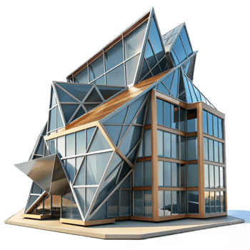 wonderful vintage Deconstructivist office building, fragmented forms, sharp angles, steel and glass construction, harsh midday sun, photorealistic render authentic png