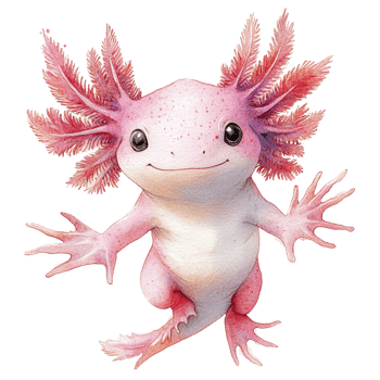 An adorable pink axolotl with frills and smiling broadly at viewer png