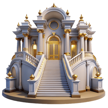impressive minimalist Baroque palace, ornate facade, grand staircase, opulent interior, dramatic lighting exclusive png