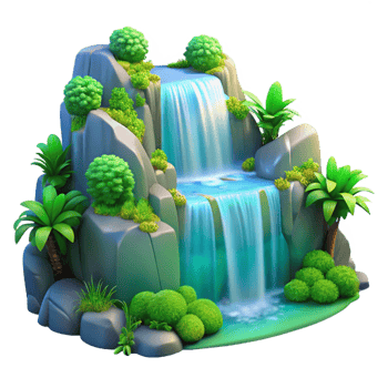 magnificent traditional A cascading waterfall surrounded by lush green foliage, long exposure, misty atmosphere, cool blue and green tones, realistic style, original png