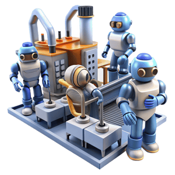 extraordinary rustic A group of robots working in a futuristic factory, harsh lighting, industrial, dystopian style 4K png