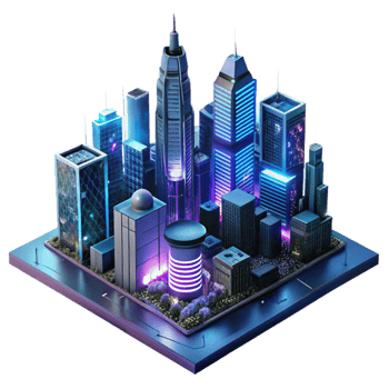 serene minimalist Cyberpunk cityscape, neon signs, towering skyscrapers, rainy night lighting, dystopian style high quality png