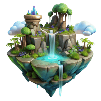 vibrant minimalist Floating island with waterfalls and lush vegetation, fantasy art style, ethereal lighting, dreamlike atmosphere authentic png