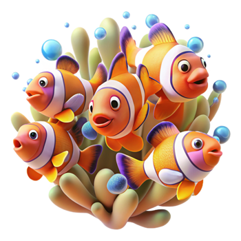 dramatic traditional A school of vibrant clownfish darting among anemone tentacles, underwater scene, colorful and dynamic professional png