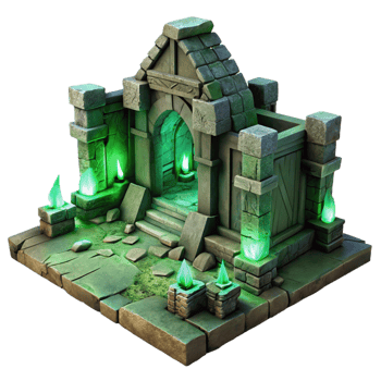 vibrant traditional An ancient, crumbling ruin with glowing, mystical runes carved into its walls, illuminated by an eerie, green light. Dark fantasy landscape art style high quality png