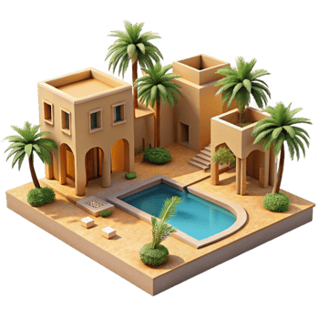 extraordinary modern Desert oasis resort, low-slung adobe buildings, shimmering pool reflecting palm trees, intense desert sunlight, travel photography style high resolution png