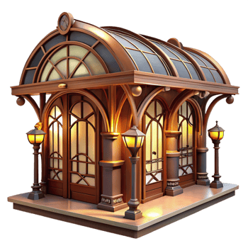dramatic contemporary Art Nouveau inspired subway station, intricate ironwork, stained glass, warm lighting, elegant curves detailed png