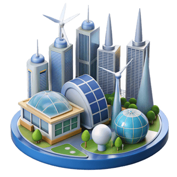 extraordinary abstract A futuristic city powered by renewable energy, with wind turbines and solar panels gleaming in the sunlight. Eco-futurism, architectural rendering style high resolution png