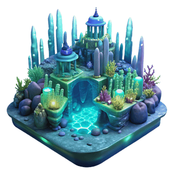 stunning abstract Submerged underwater city, bioluminescent coral structures, deep ocean lighting, ethereal atmosphere, fantasy art, authentic png