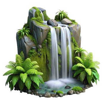 serene vintage A cascading waterfall surrounded by lush green moss and ferns, long exposure photography, diffused sunlight, realistic style high quality png