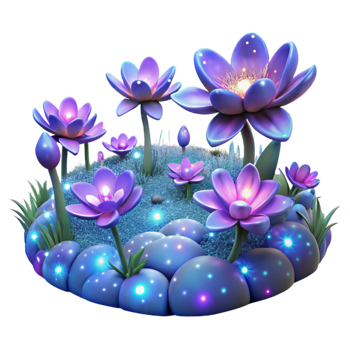 serene creative A field of glowing flowers emitting neon pollen, under a sky filled with swirling stars, in a fantasy art style, 4K png